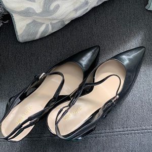 Black leather pumps with adjustable strap, patent leather heel, size 8